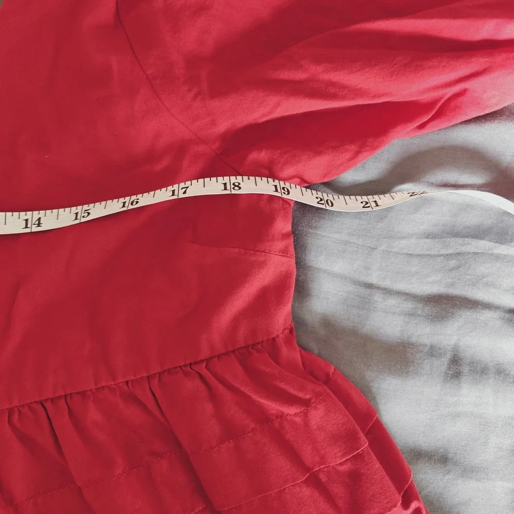 Red Cotton Puff Sleeve Babydoll Pintuck Tiered Mini Dress made by E.L.F. XL - Picture 3 of 11